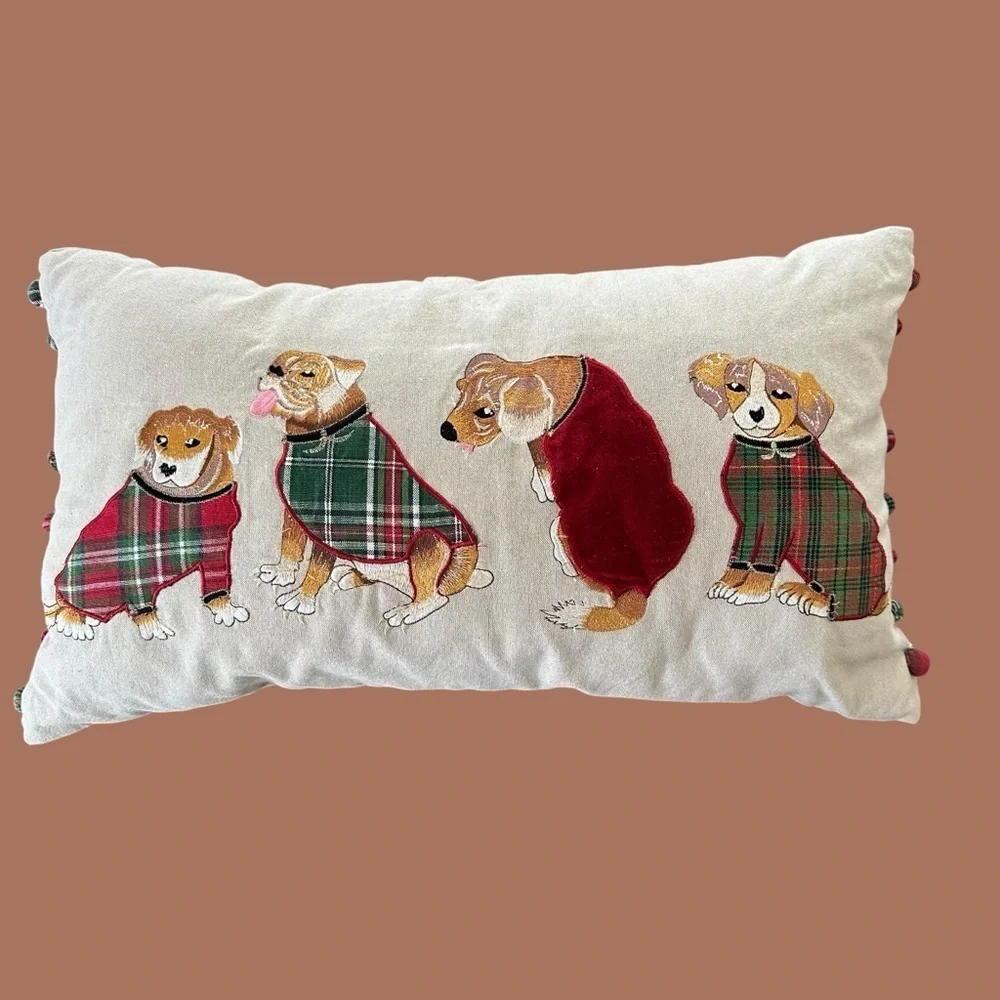 Pier 1 One Rectangular Christmas Dogs‎ Pillow Home Decor Holiday Embroidered